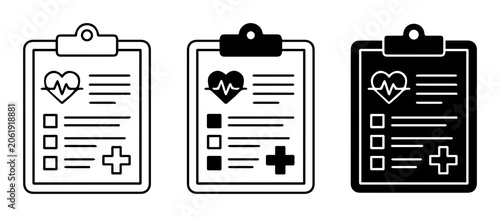 Medical clipboard icons, healthcare checklist symbols, black and white clip art