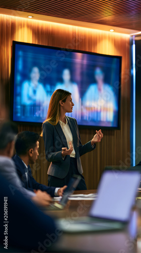The senior healthcare administrator confidently explained the ROI driven by AI on a large screen, while the executive boardroom was softly lit, highlighting the polished corporate professionalism with
