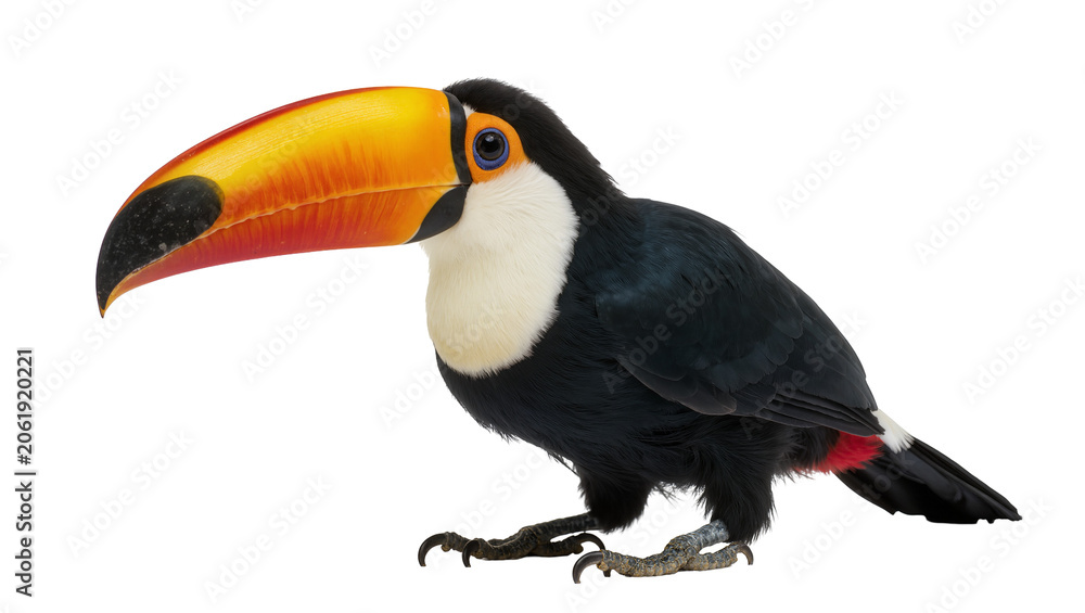 Fototapeta premium Large toucan bird with vibrant yellow and orange beak, isolated on transparent background