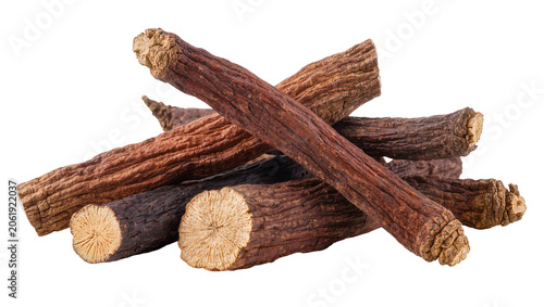 Photography Dried licorice root sticks piled together, isolated on transparent background