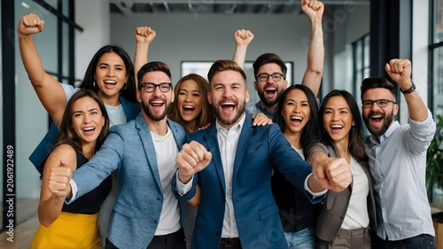 Group of Professionals Celebrating Success and Teamwork in Modern Office Environment
