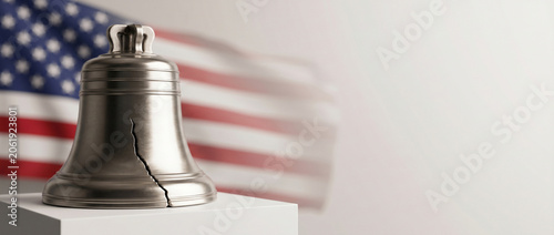 Liberty bell replica on pedestal with American flag background. Symbol of United States history and independence. Patriotic decoration for Independence Day celebration on July fourth.