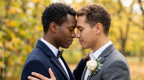 Same-sex couple embracing in a park, wearing formal attire with a boutonniere, surrounded by autumn foliage and soft natural lighting in the background