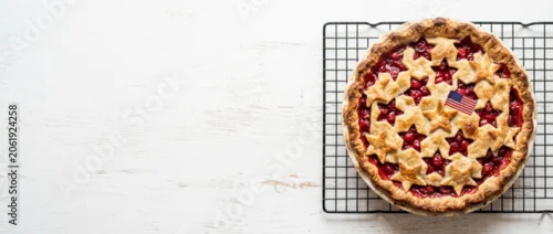 Panel kuchenny z motywem Cherry pie with star shaped crust and miniature American flag. Traditional homemade dessert for Independence Day celebration. American patriotic holiday food on wooden white background.