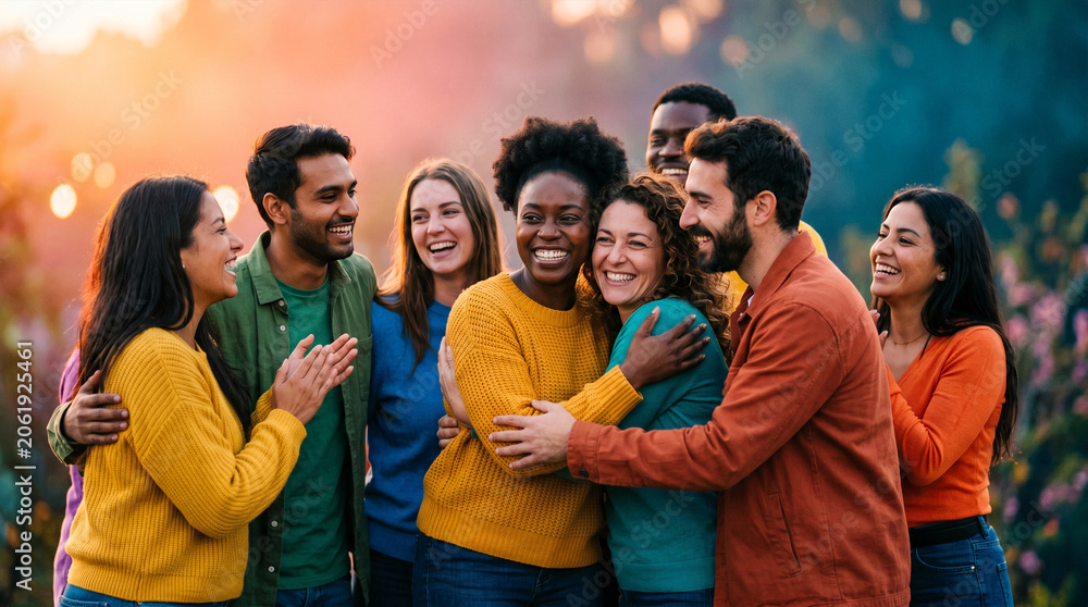 Fototapeta premium Diverse group of young adults smiling and embracing outdoors at golden hour