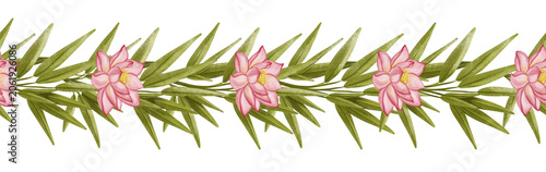 Watercolor lotus flowers and leaves seamless border. Repeating horizontal floral pattern isolated on white background for wedding invitation design, spa branding, cosmetics and fabric textile.