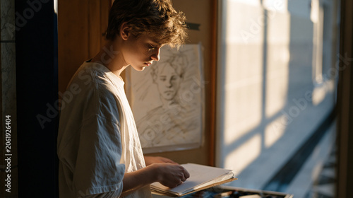Teenage boy standing at an open art supply locker in a school hallway, carefully selecting sketchbook materials and studying a hand-lettered self-portrait taped to the inside of