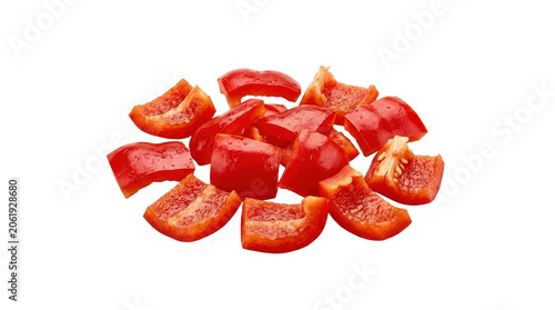 Freshly sliced red chili peppers on white background.