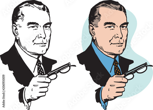 A vintage retro illustration of an older businessman taking off his glasses. 