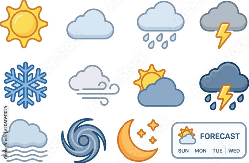 Set of colorful hand-drawn weather forecast icons depicting sun clouds rain storm snow wind hurricane and moon with forecast, meteorology