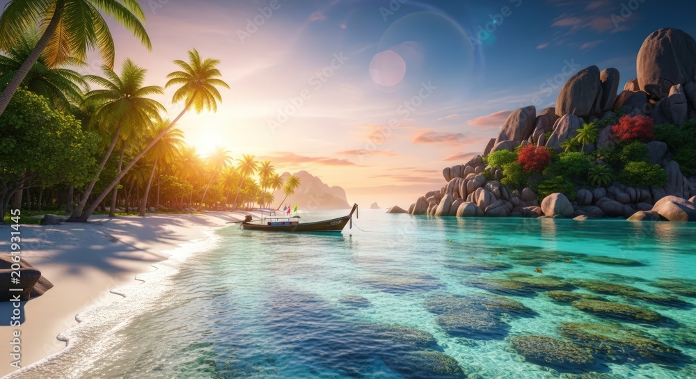 Obraz premium Stunning tropical paradise beach at sunset with a lone boat and vibrant sky.