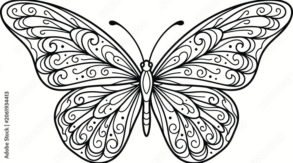 Fototapeta premium Butterfly with ornate swirl patterns for coloring book