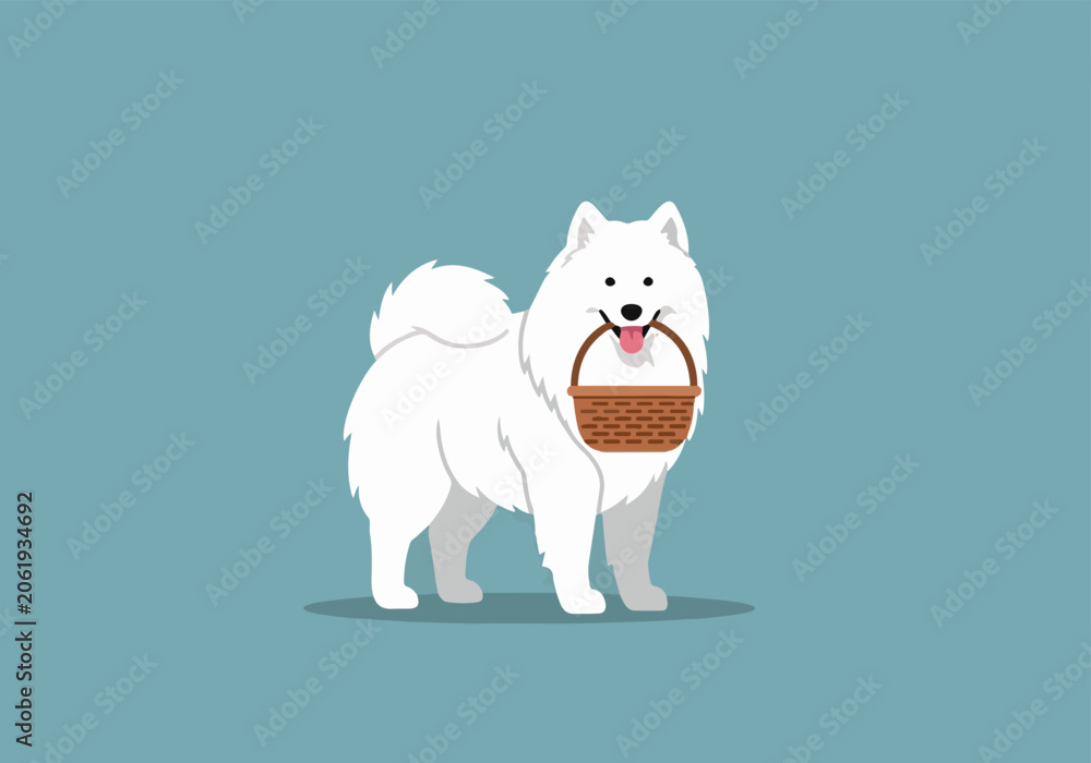 Naklejka premium Cute Samoyed dog carrying a basket with flowers outdoors