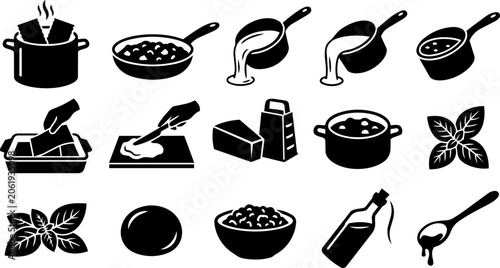 Bild auf Leinwand Lasagne Ingredients and Preparation Silhouette Icon Set