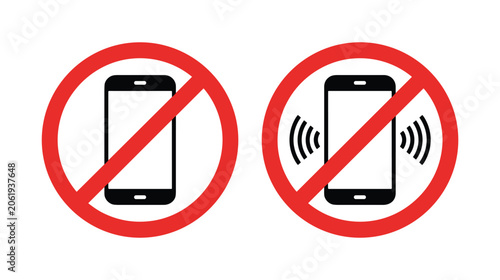 No Mobile Phone Allowed Signs. Two graphic signs prohibiting mobile phone usage and ringing. warning sign, prohibition symbol, mobile device, no smartphone.