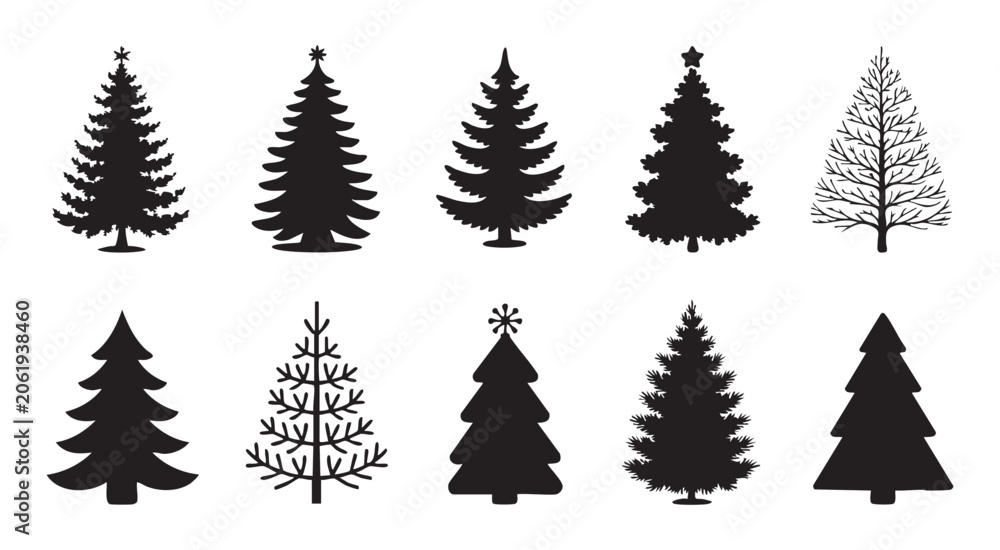 Obraz premium Christmas tree collection with various shapes and styles for holiday decorations and festive cards.