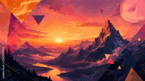 Fotografie A breathtaking digital painting of a vibrant sunset over a majestic mountain range, with a winding river reflecting the fiery sky and abstract geometric shapes overlaying the scene