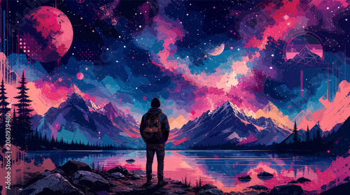 Photography A lone figure stands by a serene lake, gazing at a breathtaking, colorful cosmic sky above majestic mountains and a distant planet