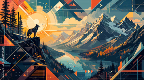 Obraz na plátne A lone wolf stands silhouetted against a vibrant, geometric mountain landscape at sunrise, with a serene lake reflecting the colorful sky