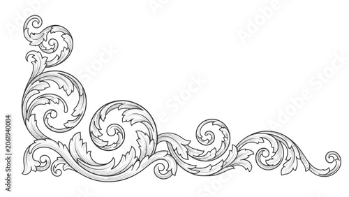 Ornate corner scroll decorative design element, isolated white background