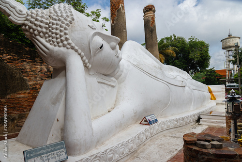 Photography A large white reclining Buddha statue at Wat Yai Chai Mongkhon in Ayutthaya, Thailand