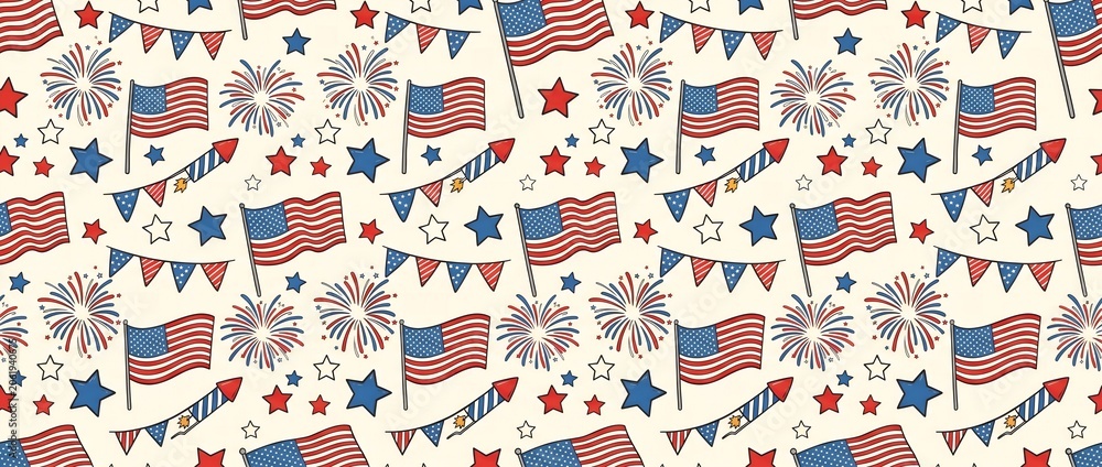 Fototapeta premium Seamless Patriotic 4th of July Pattern — American Flags, Fireworks and Stars
