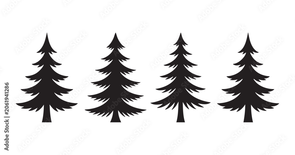Fototapeta premium Set of black pine tree silhouettes for forest and nature environment vector illustration.