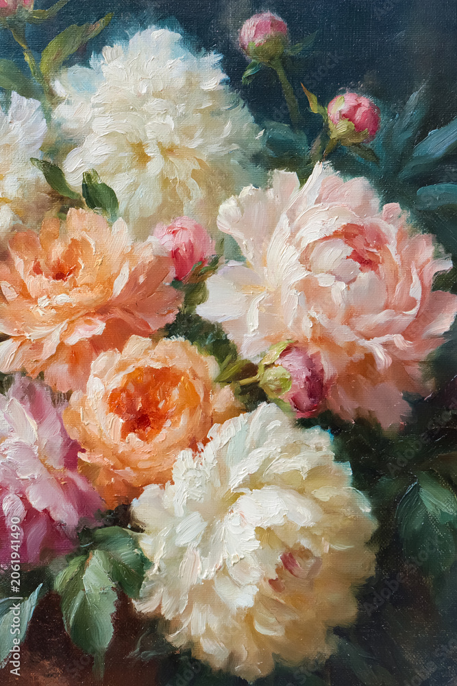 Fototapeta premium Oil painting featuring a still life composition of blooming peonies in a vibrant floral art setting