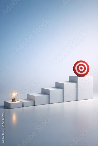 Glowing lightbulb and red target on white ascending staircase blocks. Great conceptual image for startup innovation, idea generation, business strategy, goal setting, and creative problem solving.
