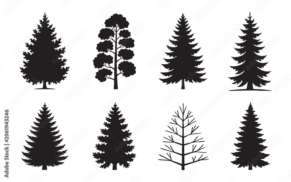 Obraz premium Forest tree silhouettes set featuring various species for landscape design and environmental work.