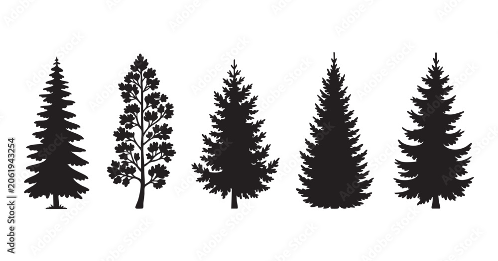 Obraz premium Five coniferous and deciduous tree silhouettes on transparent background vector.