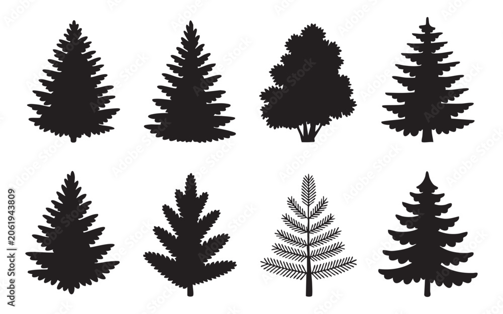 Obraz premium Assorted evergreen and deciduous tree silhouettes for natural forest scenery and garden projects.