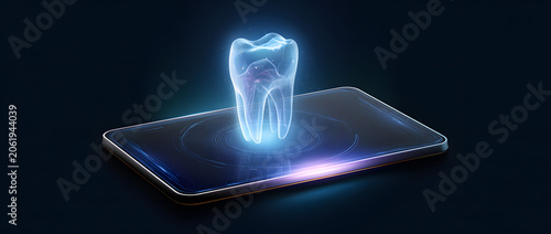 Digital holographic tooth projections on advanced tablet screens for use in cutting-edge dental technologies and healthcare innovations in contemporary medical practices.