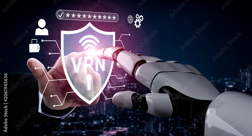 Fototapeta premium Futuristic Interaction Between Human Hand and Robotic Arm with VPN Security Concept in Digital Environment Haptic.