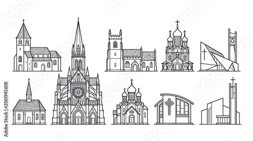 Fotografie Assorted church building icons in line art style.