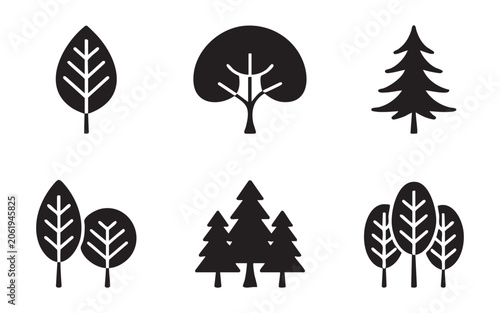 Black silhouette tree icons set for modern ecology concepts featuring spruce and deciduous foliage.
