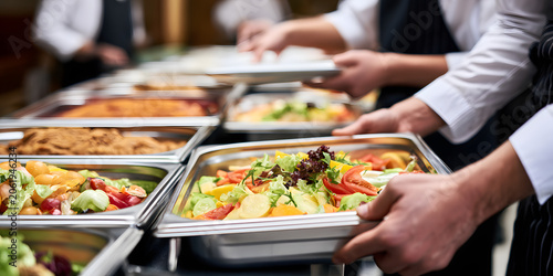 The food service manager and culinary team are readying a buffet for office workers for a professional business lunch event, corporate catering services, and the company cafeteria menu