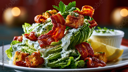 Mouth-watering food photography of a classic Caesar salad with crispy bacon, croutons, and creamy dressing on a white plate created with Generative AI Technology, ai, generative