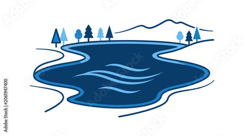 Serene blue lake surrounded by forest trees and mountain peaks