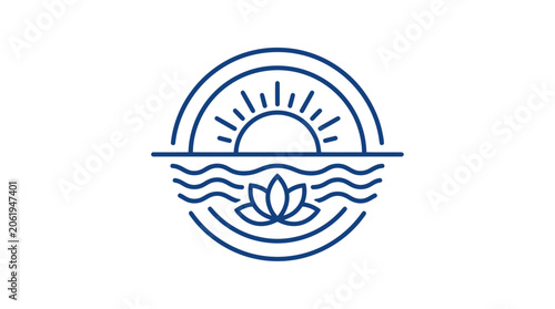 Minimalist sun and lotus flower icon over ocean waves