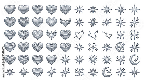 Silver metallic heart and star icons with glossy chrome finish