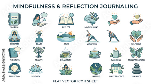 Mindfulness and reflection journaling flat icon set for wellness