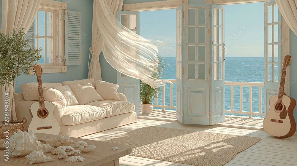 Obraz premium Serene coastal living room with breezy sheer curtains opening to a bright ocean view and two acoustic guitars
