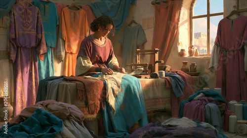 Dorcas surrounded by the beautiful tunics and garments she sewed for the poor, early Christian charity, warm room