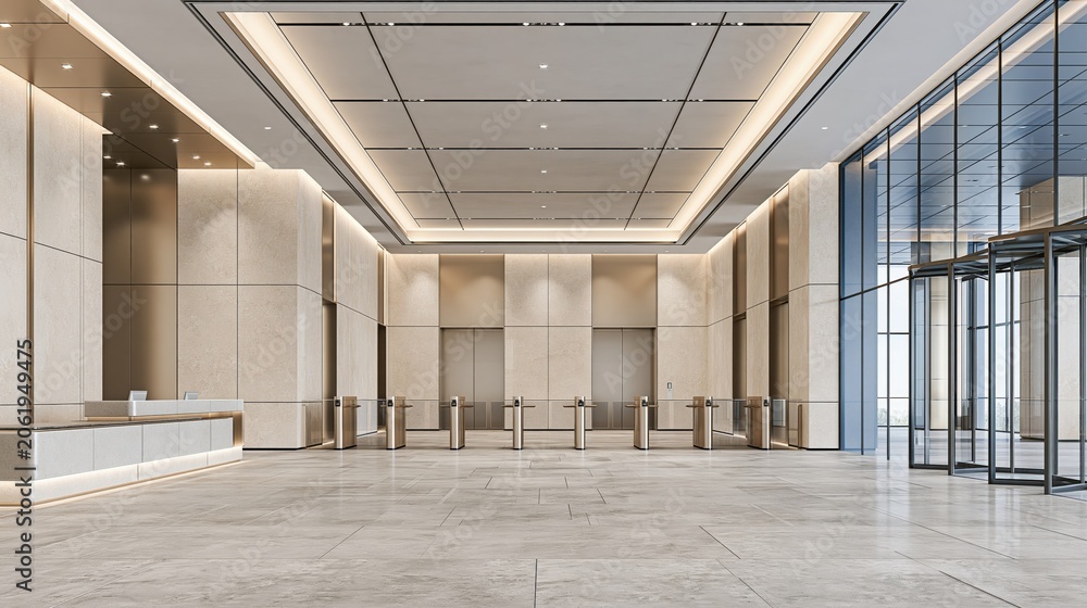 Naklejka premium Modern Office Building Lobby with Sleek Design, Security Turnstiles, and Natural Light Entrance
