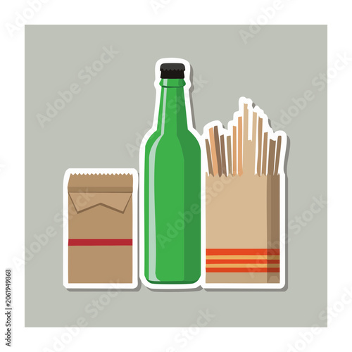 Green bottle and brown paper bags with chopsticks illustration