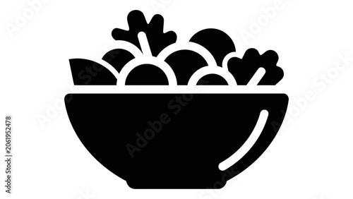 Cuadro en lienzo A black and white icon representing a bowl of salad, with various leafy greens and round ingredients visible