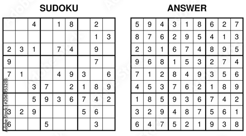 Quadro su tela Medium sudoku puzzle with answer, classic 9x9 numerical logic game vector illust