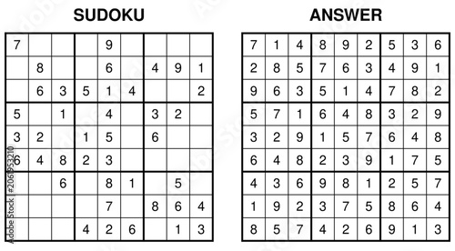 Fotografie Medium sudoku puzzle with answer, classic 9x9 numerical logic game vector illust