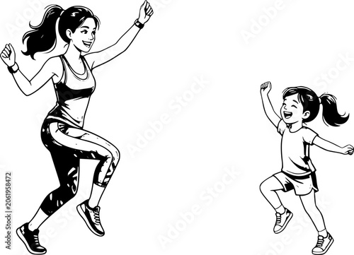 Family Zumba Fitness Silhouette: Mother Child Dance Routine Vector, Healthy Active Habits Icon